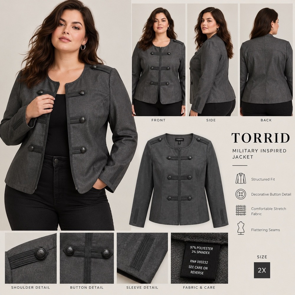 Torrid Military Inspired Jacket Charcoal Grey Plus Size 3 3X NWT Hook & Eye